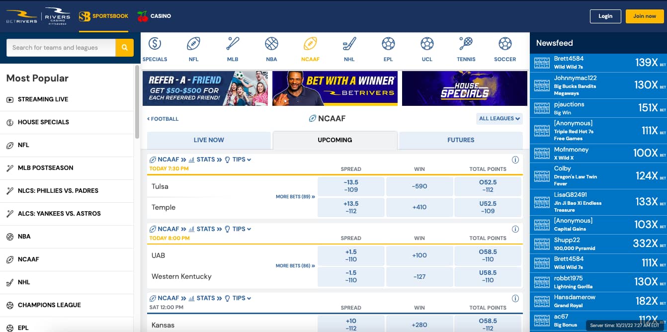 BetRivers college football markets TN