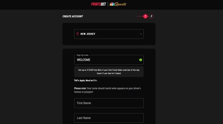 PointsBet NJ Registration Form