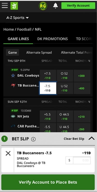 DraftKings NFL NJ app