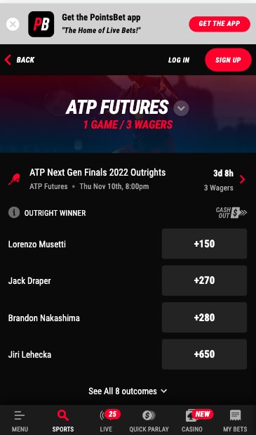 PointsBet NJ app tennis futures