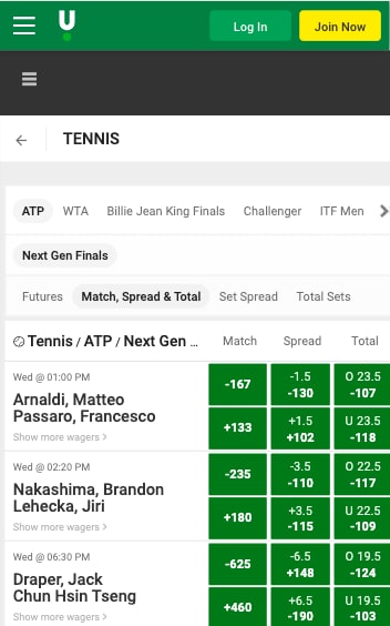 Unibet NJ tennis app markets