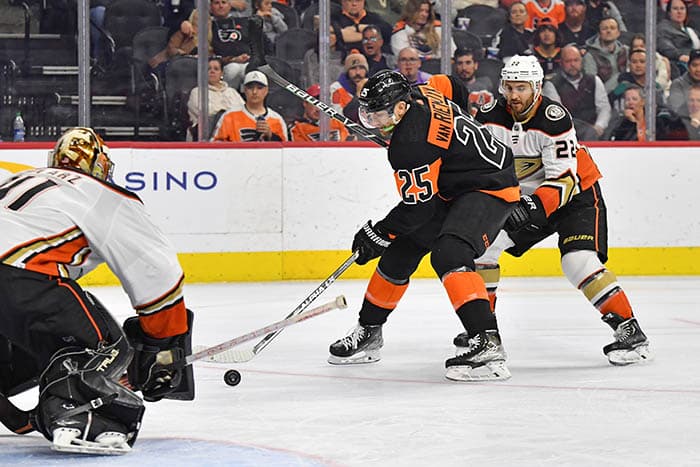 Philadelphia Flyers left wing James van Riemsdyk (25) controls the puck against Anaheim Ducks defenseman Kevin Shattenkirk (22) and goaltender Anthony Stolarz (41) during the second period at Wells Fargo Center.