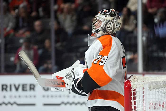 Dec 11, 2022; Tempe, Arizona, USA; Philadelphia Flyers goaltender Carter Hart (79) looks on against the Arizona Coyotes during the second period at Mullett Arena.