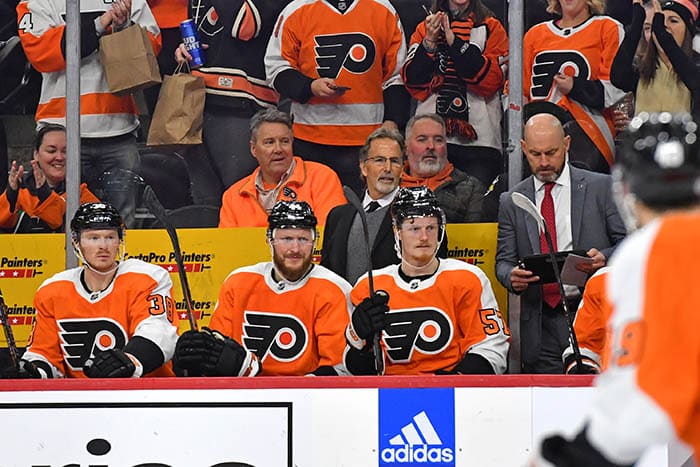 Philadelphia Flyers head coach John Tortorella behind the bench against the Columbus Blue Jackets during the third period at Wells Fargo Center.
