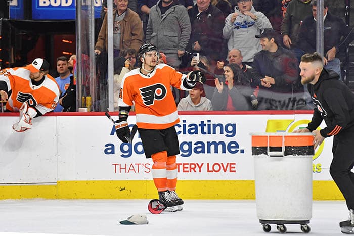Philadelphia Flyers right wing Travis Konecny (11) reacts after scoring his goal of the game for a hat trick against the Washington Capitals during the third period at Wells Fargo Center.