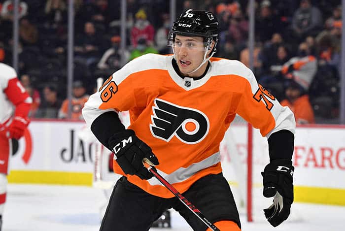 Philadelphia Flyers left wing Isaac Ratcliffe (76) against the Detroit Red Wings  at Wells Fargo Center.