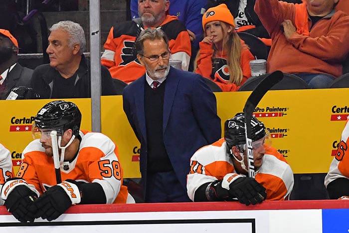 Philadelphia Flyers head coach John Tortorella behind the bench against the New Jersey Devils at Wells Fargo Center.