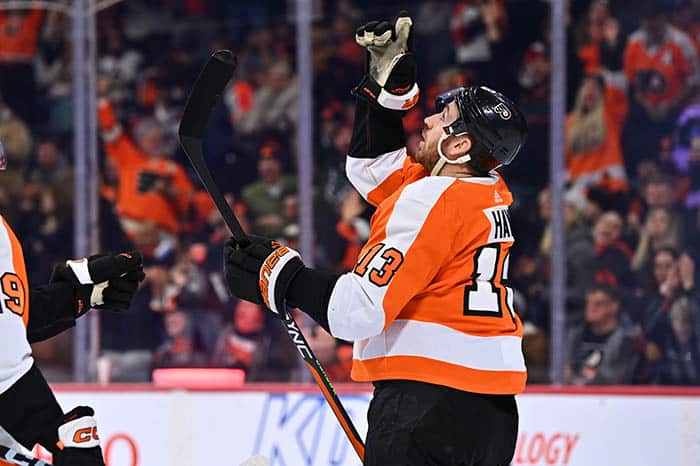 Philadelphia Flyers center Kevin Hayes (13) celebrates a goal against the Winnipeg Jets in the second period at Wells Fargo Center.