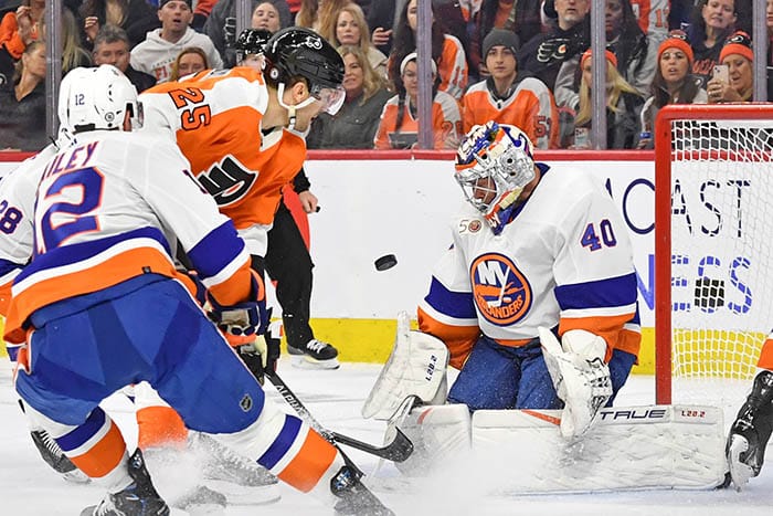 New York Islanders goaltender Semyon Varlamov (40) makes a save against Philadelphia Flyers left wing James van Riemsdyk (25) during the second period at Wells Fargo Center.