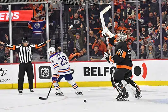 Philadelphia Flyers goaltender Carter Hart (79) celebrates shootout win after makes a save against Edmonton Oilers center Leon Draisaitl (29) during shootout period at Wells Fargo Center. 