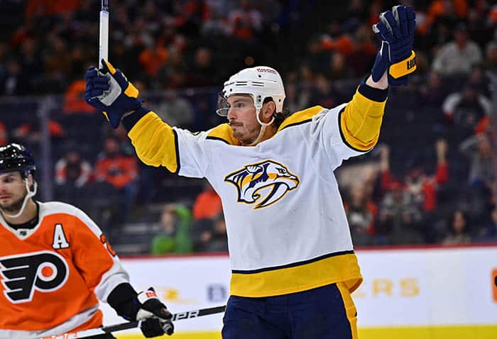 Nashville Predators center Matt Duchene (95) celebrates after scoring the game-winning goal against the Philadelphia Flyers in overtime at Wells Fargo Center.