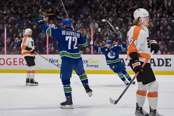 Vancouver Canucks forward Anthony Beauvillier (72) celebrates his goal against the Philadelphia Flyers in the first period at Rogers Arena.