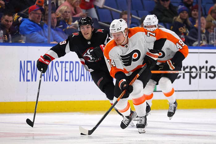 Philadelphia Flyers right wing Owen Tippett (74) skates up ice with the puck during the first period against the Buffalo Sabres at KeyBank Center.