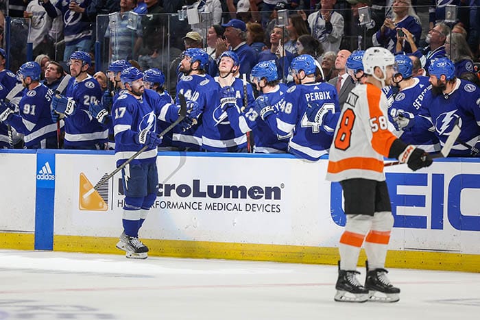 Tampa Bay Lightning left wing Alex Killorn (17) celebrates his second goal against the Philadelphia Flyers in the second period at Amalie Arena.