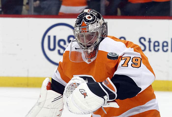 Philadelphia Flyers goaltender Carter Hart (79) warms up before the game against the Pittsburgh Penguins at PPG Paints Arena.