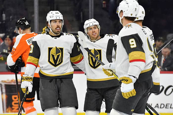 Vegas Golden Knights right wing Jonathan Marchessault (81) celebrates his goal with center Chandler Stephenson (20), center Ivan Barbashev (49) and center Jack Eichel (9) against the Philadelphia Flyers during the third period at Wells Fargo Center.