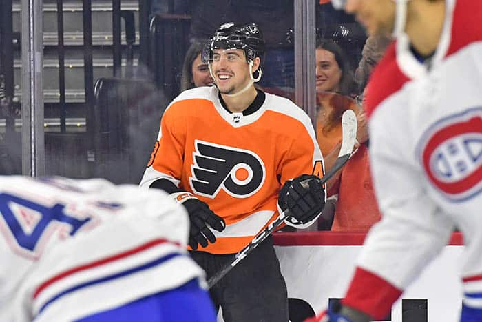 Philadelphia Flyers center Morgan Frost (48) celebrates his goal against the Montreal Canadiens during the second period at Wells Fargo Center. 