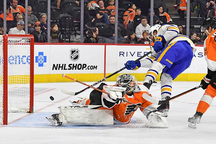 Buffalo Sabres right wing Alex Tuch (89) scores a goal for a hat trick against Philadelphia Flyers goaltender Felix Sandstrom (32) during the third period at Wells Fargo Center. 