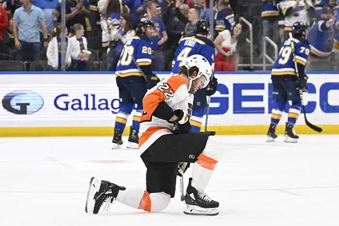 Philadelphia Flyers left wing Brendan Lemieux (22) reacts after a goal from St. Louis Blues defenseman Justin Faulk (72) during the second period at Enterprise Center.