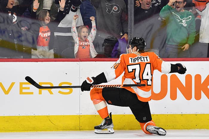  Flyers right wing Owen Tippett (74) celebrates his game-winning goal during the overtime period against the Columbus Blue Jackets at Wells Fargo Center.