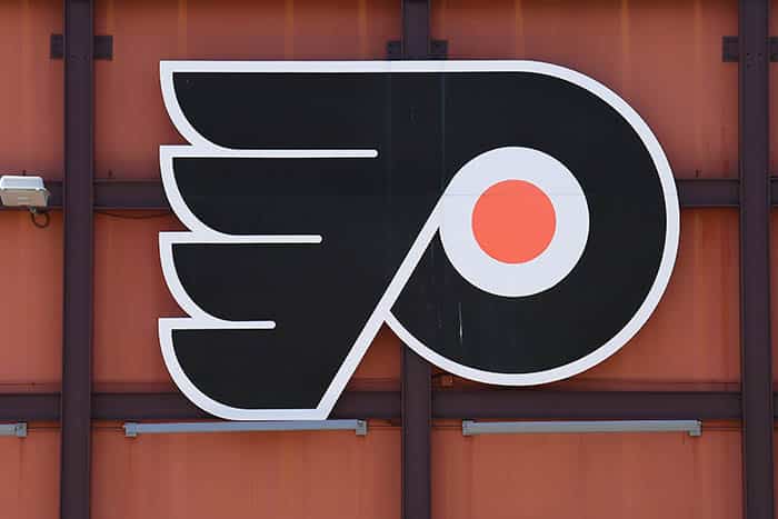 A detail view of the Philadelphia Flyers logo outside a bar as seen before the NCAA Division I Men's Lacrosse Championships Semifinal game between the Duke Blue Devils and the Penn State Nittany Lions on May 27, 2023, at Lincoln Financial Field in Philadelphia, PA.