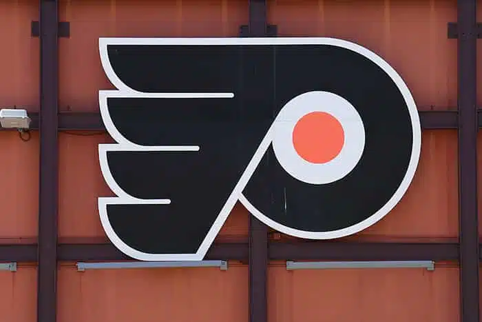 A detail view of the Philadelphia Flyers logo outside a bar as seen before the NCAA Division I Men's Lacrosse Championships Semifinal game between the Duke Blue Devils and the Penn State Nittany Lions on May 27, 2023, at Lincoln Financial Field in Philadelphia, PA.