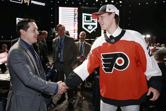 Carson Bjarnason shakes hands with general manager Daniel Briere after being selected 51st overall by the Philadelphia Flyers during the 2023 Upper Deck NHL Draft - Rounds 2-7 at Bridgestone Arena on June 29, 2023 in Nashville, Tennessee.