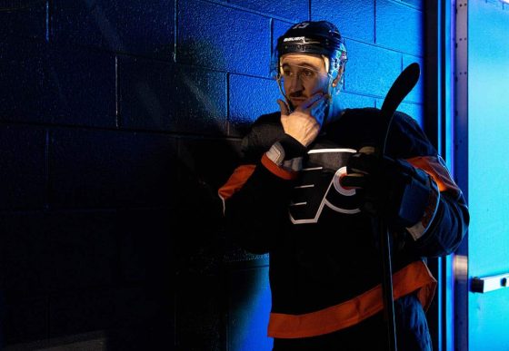 Philadelphia Flyers center Kevin Hayes (13) waits off the ice to be introduced as the star of the game against the Anaheim Ducks at Wells Fargo Center.