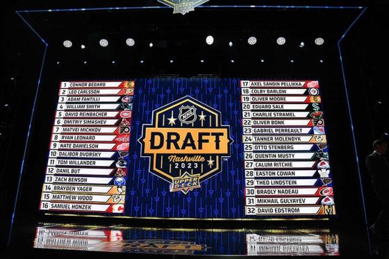 The draft board after round one of the 2023 NHL Draft at Bridgestone Arena.