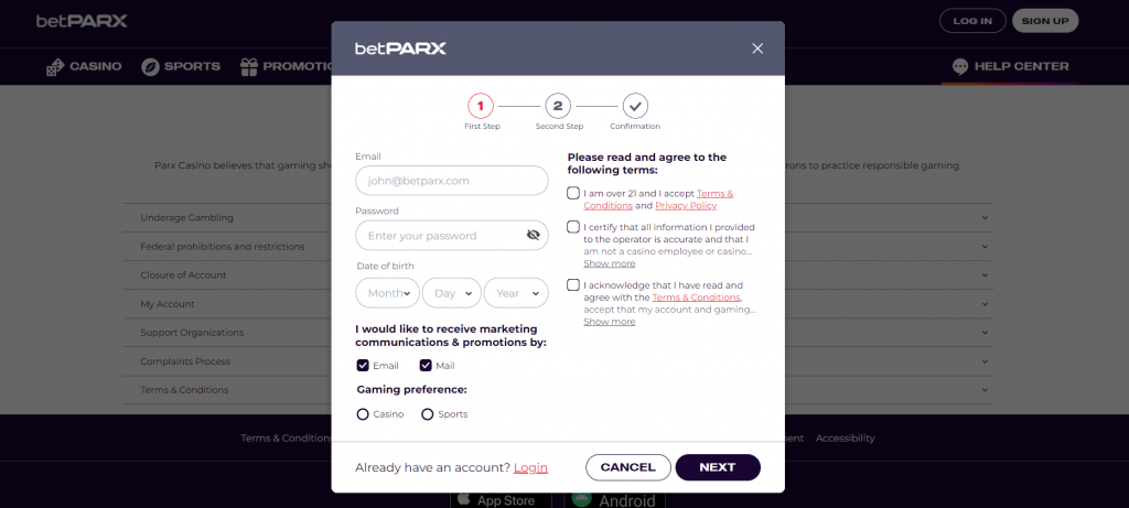 betPARX sign up stage 1