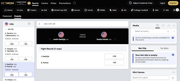 BetMGM PA UFC Betting Odds