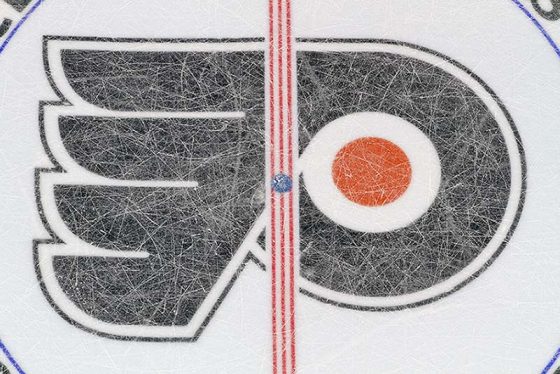 A view of the center ice logo of the Philadelphia Flyers during an NHL game against the Toronto Maple Leafs on November 2, 2019 at the Wells Fargo Center in Philadelphia, Pennsylvania.