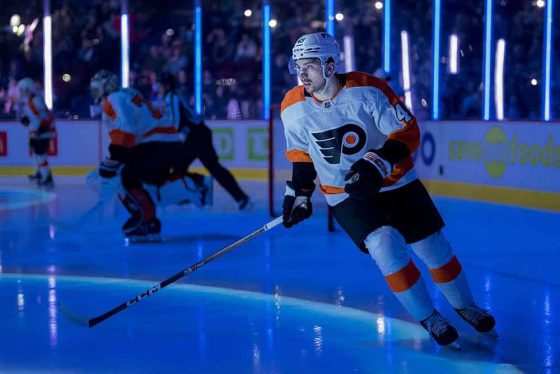 Philadelphia Flyers forward Noah Cates (49) skates prior to the start of a game against the Vancouver Canucks at Rogers Arena.