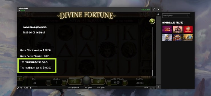 Unibet PA Divine Fortune Slot Min and Max Bets