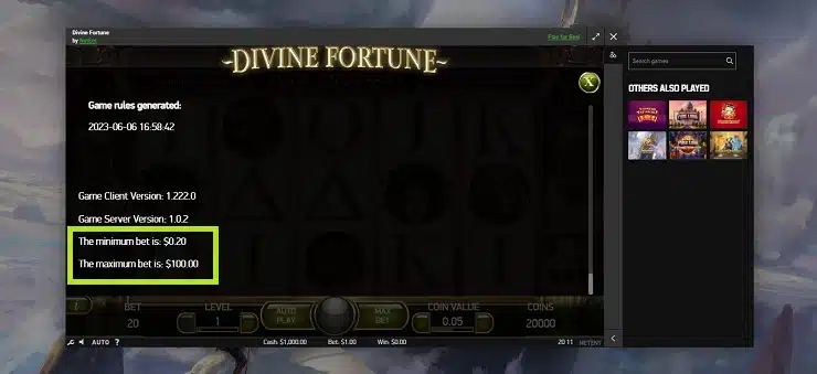 Unibet PA Divine Fortune Slot Min and Max Bets