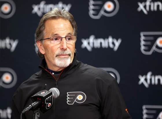 Head Coach of the Philadelphia Flyers John Tortorella speaks during a press conference after his team defeated the Columbus Blue Jackets 5-2 at the Wells Fargo Center on December 20, 2022 in Philadelphia, Pennsylvania.