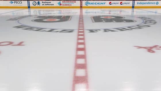 A view of the ice surface prior to a NHL game between the Philadelphia Flyers and the New York Rangers on January 16, 2016 at the Wells Fargo Center in Philadelphia, Pennsylvania.