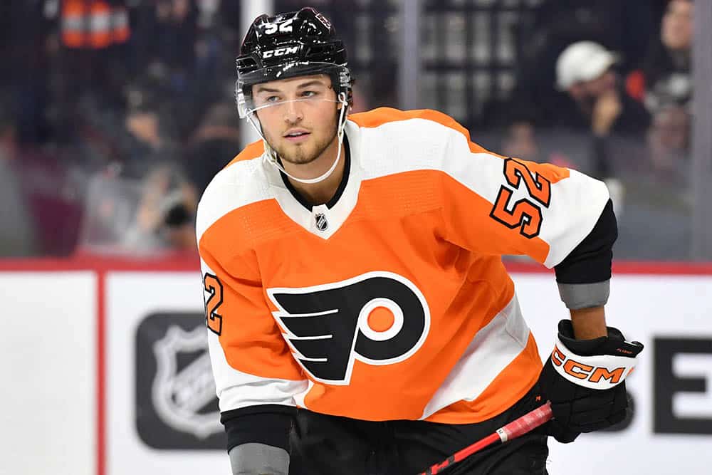 Philadelphia Flyers right wing Tyson Foerster (52) against the Boston Bruins at Wells Fargo Center.
