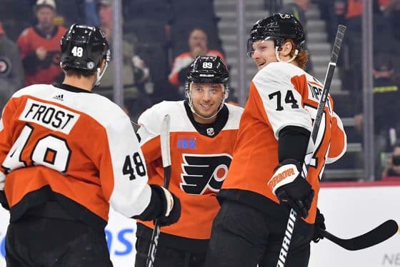 Philadelphia Flyers right wing Cam Atkinson (89) celebrates his goal with with teammates against the Boston Bruins during the second period at Wells Fargo Center.