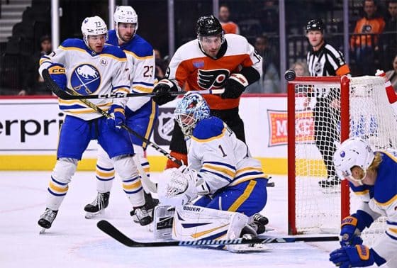 Philadelphia Flyers right wing Garnet Hathaway (19) watches the puck over Buffalo Sabres goalie Ukko-Pekka Luukkonen (1) in the first period at Wells Fargo Center.
