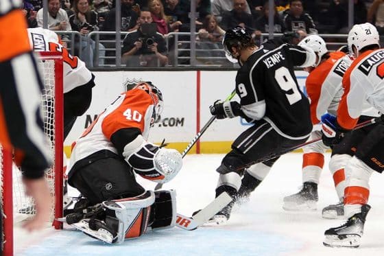 Philadelphia Flyers goaltender Cal Petersen (40) defends the goal against Los Angeles Kings center Adrian Kempe (9) during the second period at Crypto.com Arena.