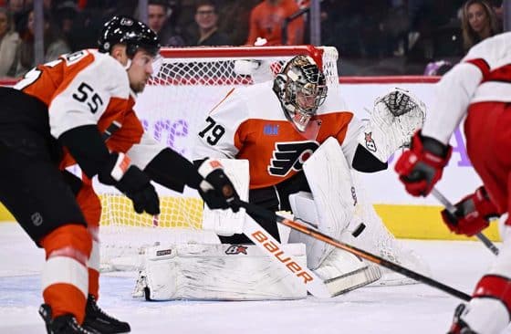 Philadelphia Flyers goalie Carter Hart (79) makes a save against the Carolina Hurricanes in the first period at Wells Fargo Center.
