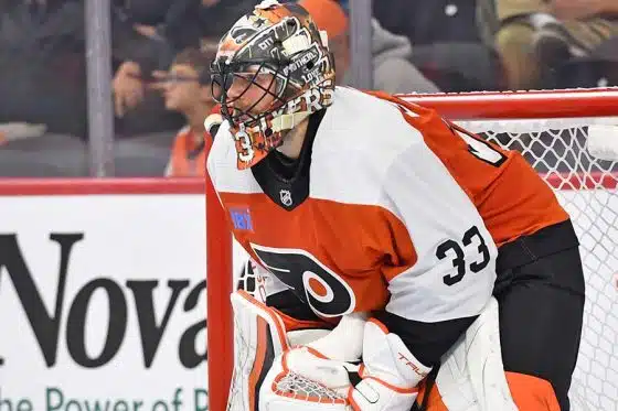 Philadelphia Flyers goaltender Samuel Ersson (33) against the Boston Bruins at Wells Fargo Center.