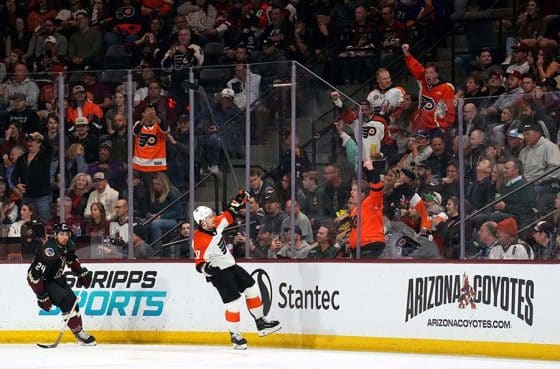 Philadelphia Flyers right wing Travis Konecny (11) celebrates his goal against the Arizona Coyotes during the second period at Mullett Arena.