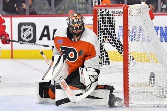 Philadelphia Flyers goaltender Samuel Ersson (33) makes a save against the Detroit Red Wings during the second period at Wells Fargo Center.