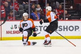 Philadelphia Flyers right wing Owen Tippett (74) celebrates his game-winning goal against the New Jersey Devils during overtime at Prudential Center.