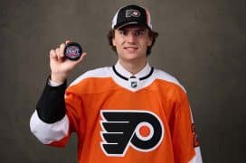 Cutter Gauthier, #5 pick by the Philadelphia Flyers, poses for a portrait during the 2022 Upper Deck NHL Draft at Bell Centre on July 07, 2022 in Montreal, Quebec, Canada.