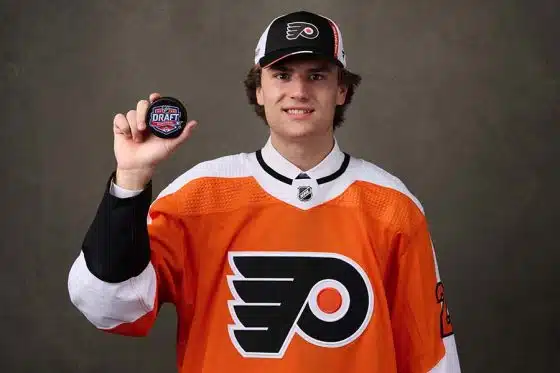 Cutter Gauthier, #5 pick by the Philadelphia Flyers, poses for a portrait during the 2022 Upper Deck NHL Draft at Bell Centre on July 07, 2022 in Montreal, Quebec, Canada.