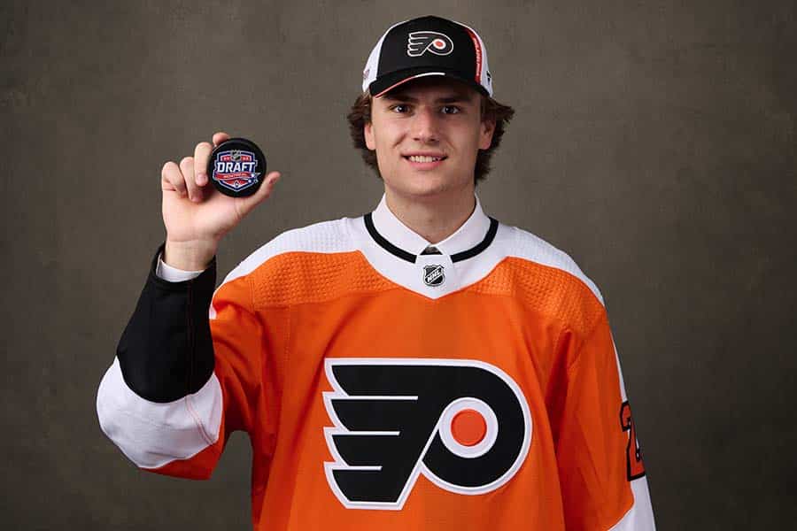 Cutter Gauthier, #5 pick by the Philadelphia Flyers, poses for a portrait during the 2022 Upper Deck NHL Draft at Bell Centre on July 07, 2022 in Montreal, Quebec, Canada.