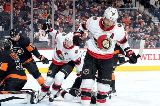 Claude Giroux #28 of the Ottawa Senators reacts after scoring during the third period against the Philadelphia Flyers at the Wells Fargo Center on January 21, 2024 in Philadelphia, Pennsylvania.